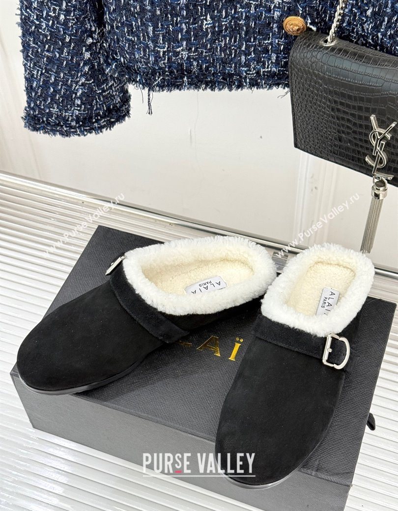Alaia Suede and Wool Flat Mules with Buckle Black 2025 AL102912 (MD-251029158)