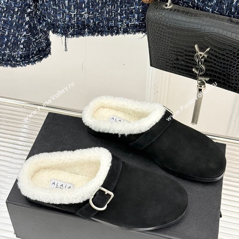 Alaia Suede and Wool Flat Mules with Buckle Black 2025 AL102912 (MD-251029158)