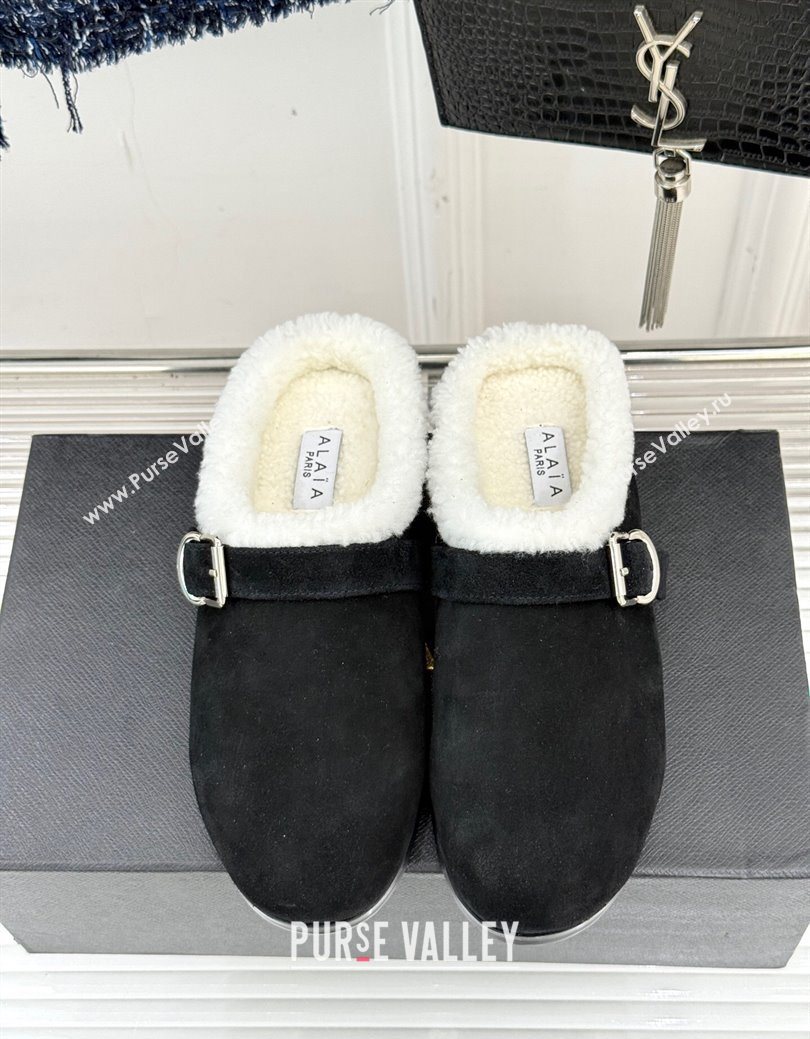 Alaia Suede and Wool Flat Mules with Buckle Black 2025 AL102912 (MD-251029158)