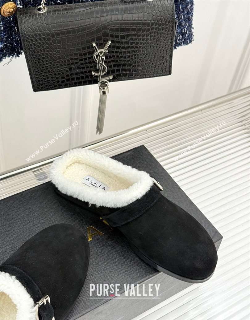 Alaia Suede and Wool Flat Mules with Buckle Black 2025 AL102912 (MD-251029158)