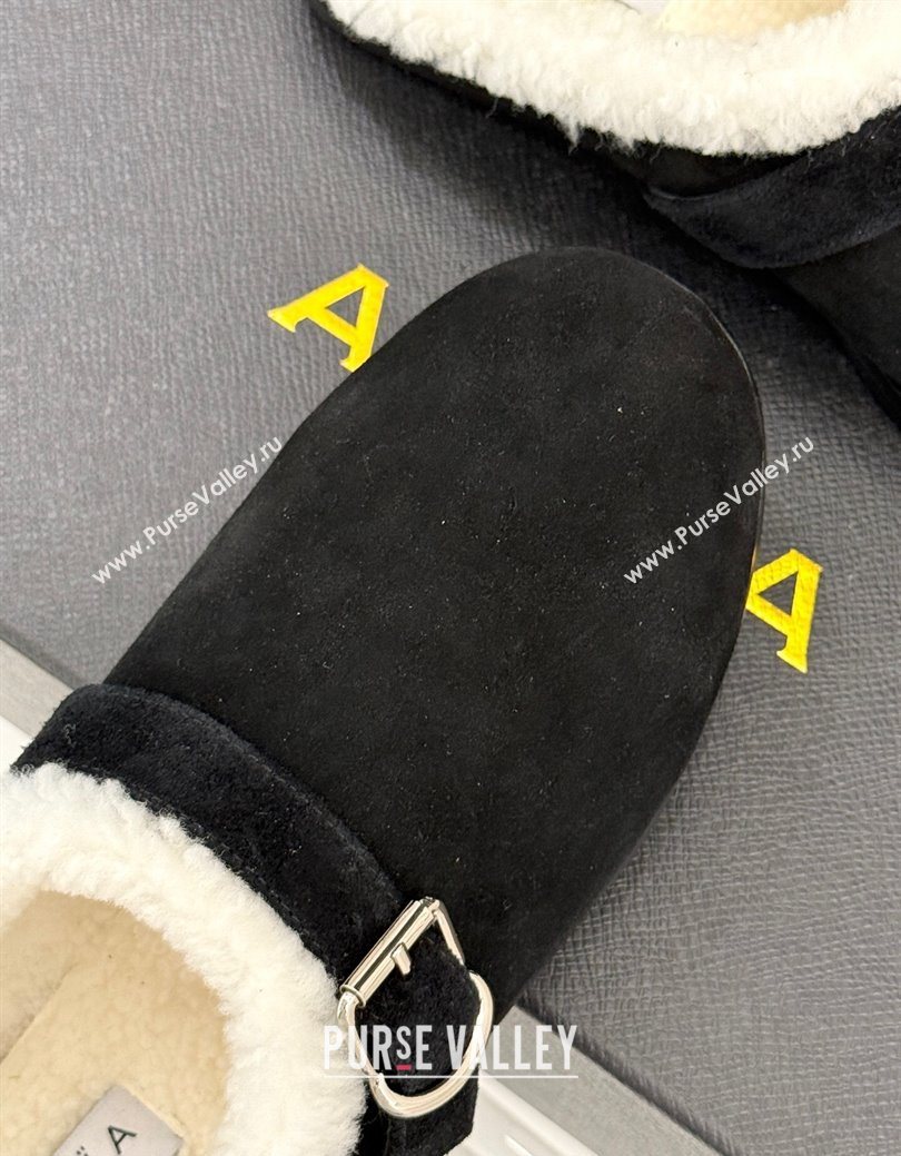Alaia Suede and Wool Flat Mules with Buckle Black 2025 AL102912 (MD-251029158)