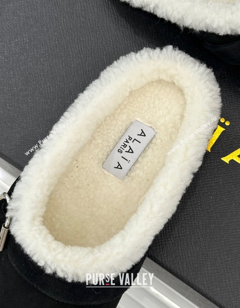 Alaia Suede and Wool Flat Mules with Buckle Black 2025 AL102912 (MD-251029158)