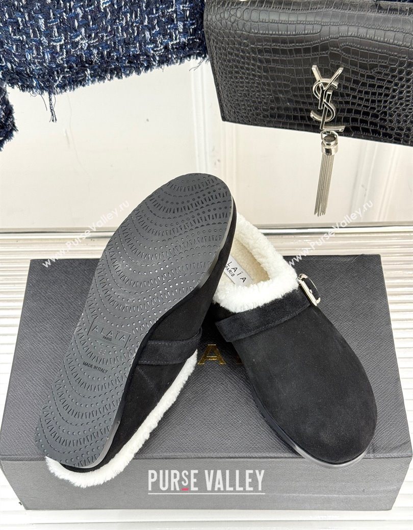 Alaia Suede and Wool Flat Mules with Buckle Black 2025 AL102912 (MD-251029158)