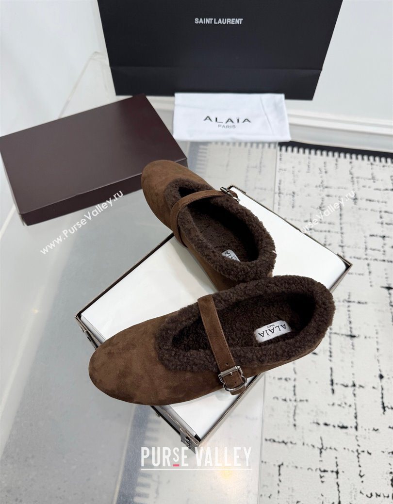Alaia Ballet Flats in Suede and Shearling Dark Brown 2025 AL102901 (KER-251029100)
