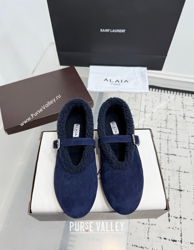 Alaia Ballet Flats in Suede and Shearling Navy Blue 2025 AL102901 (KER-251029101)