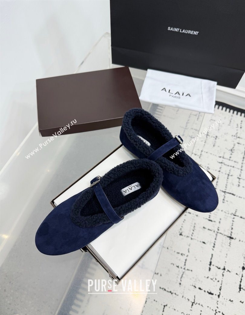 Alaia Ballet Flats in Suede and Shearling Navy Blue 2025 AL102901 (KER-251029101)