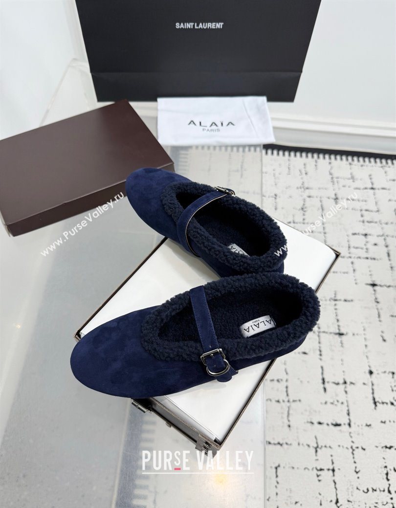 Alaia Ballet Flats in Suede and Shearling Navy Blue 2025 AL102901 (KER-251029101)