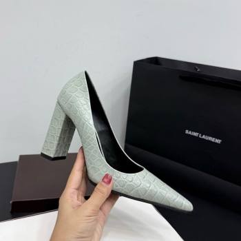 Alaia Pointy Toe Pumps 9cm with Block Heel in Crocodile Embossed Leather Light Green 2025 (KER-251029105)