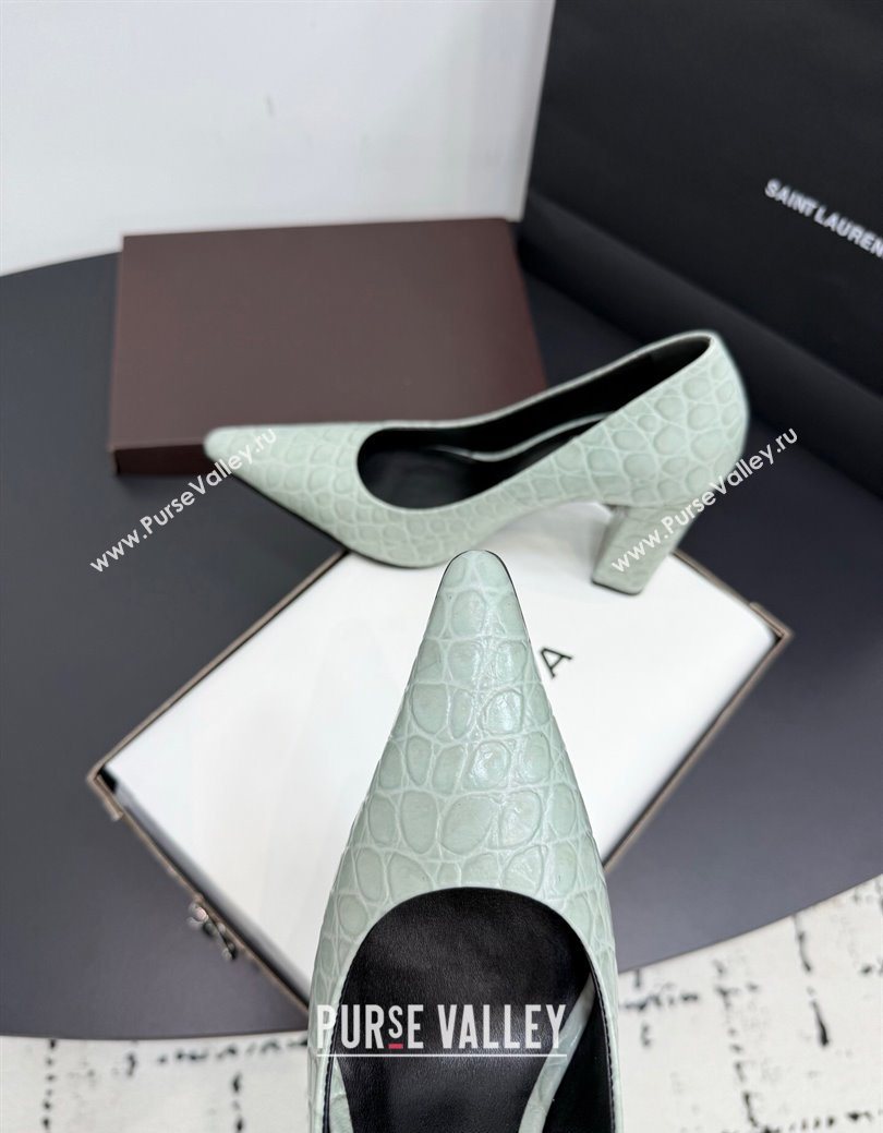 Alaia Pointy Toe Pumps 9cm with Block Heel in Crocodile Embossed Leather Light Green 2025 (KER-251029105)