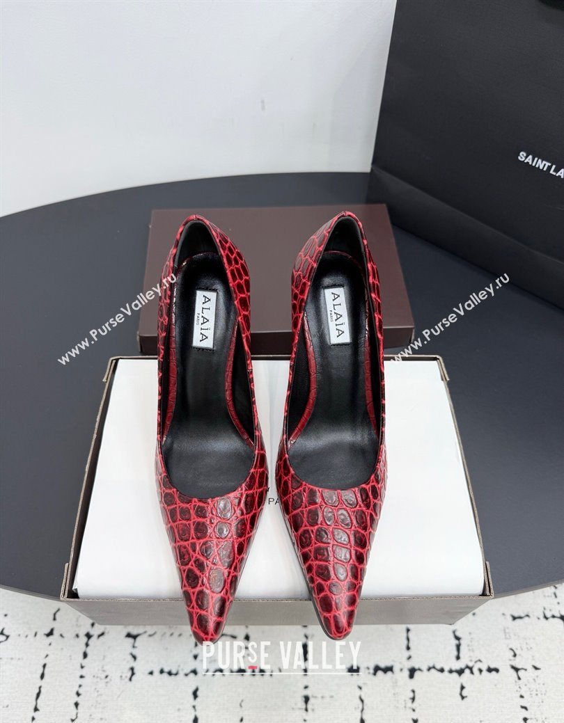 Alaia Pointy Toe Pumps 9cm with Block Heel in Crocodile Embossed Leather Red 2025 (KER-251029106)