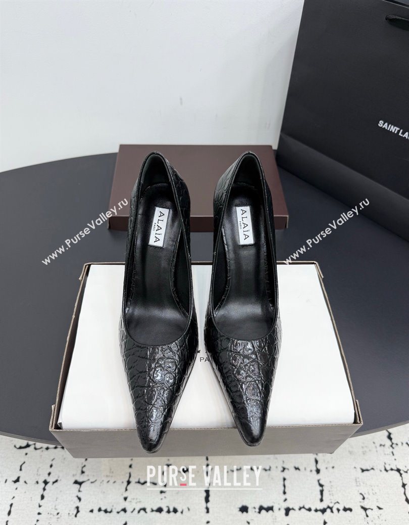 Alaia Pointy Toe Pumps 9cm with Block Heel in Crocodile Embossed Leather Black 2025 (KER-251029104)