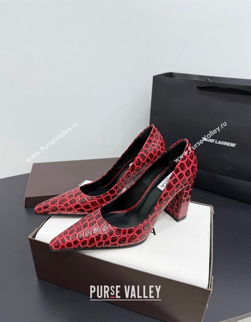 Alaia Pointy Toe Pumps 9cm with Block Heel in Crocodile Embossed Leather Red 2025 (KER-251029106)