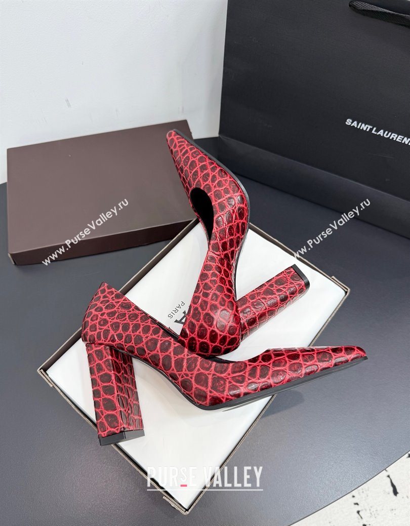 Alaia Pointy Toe Pumps 9cm with Block Heel in Crocodile Embossed Leather Red 2025 (KER-251029106)