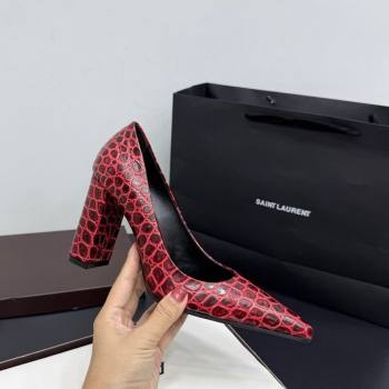 Alaia Pointy Toe Pumps 9cm with Block Heel in Crocodile Embossed Leather Red 2025 (KER-251029106)