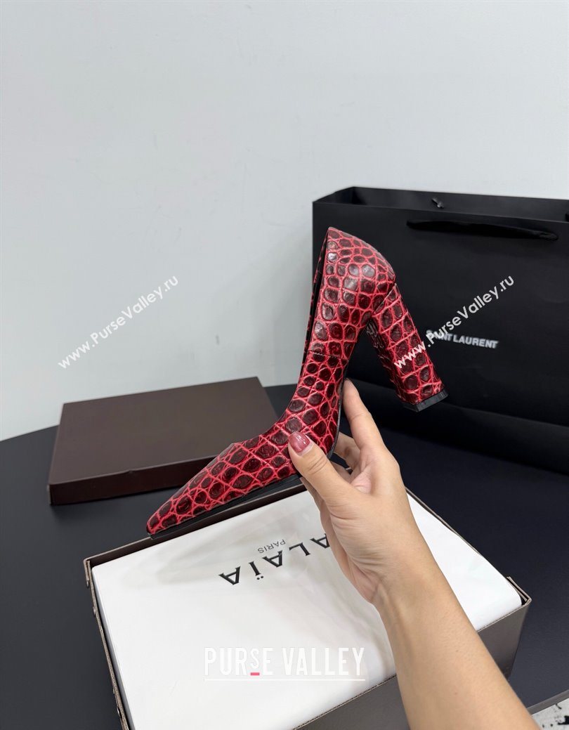 Alaia Pointy Toe Pumps 9cm with Block Heel in Crocodile Embossed Leather Red 2025 (KER-251029106)