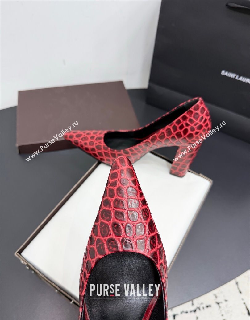 Alaia Pointy Toe Pumps 9cm with Block Heel in Crocodile Embossed Leather Red 2025 (KER-251029106)