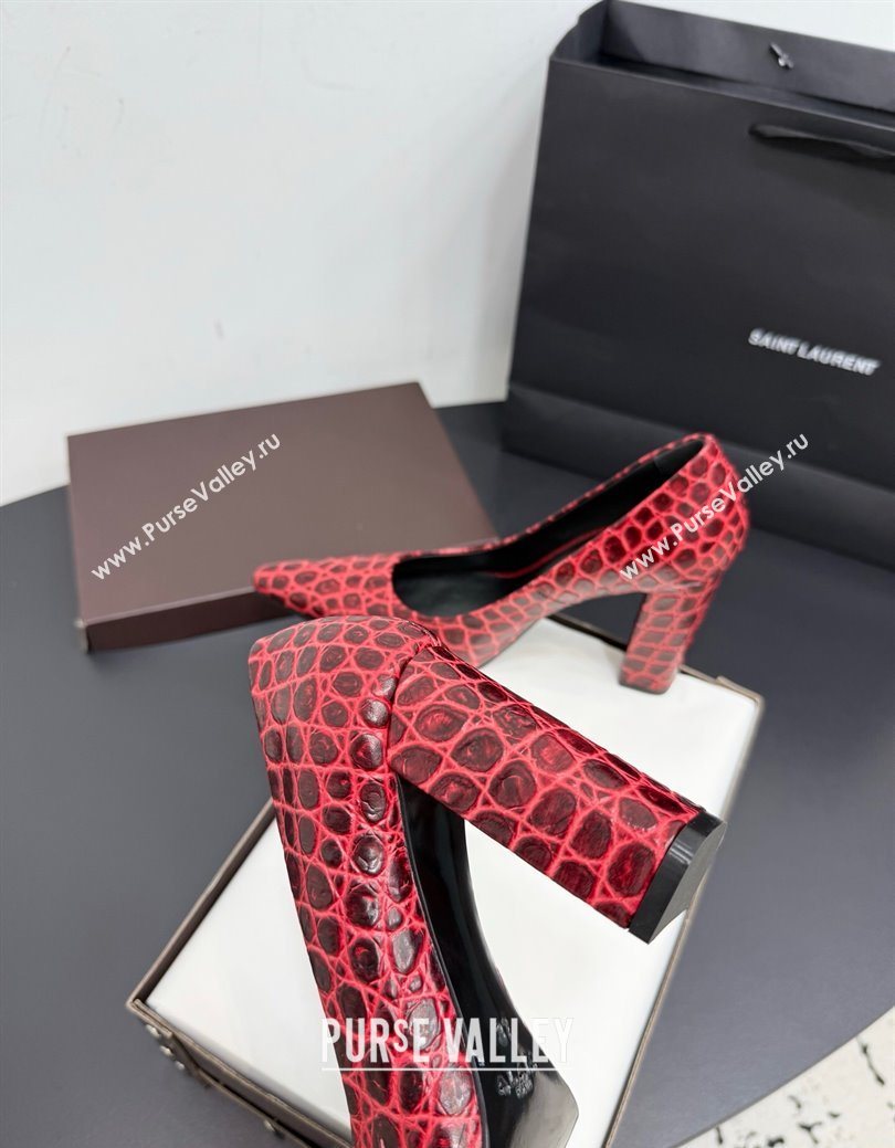 Alaia Pointy Toe Pumps 9cm with Block Heel in Crocodile Embossed Leather Red 2025 (KER-251029106)