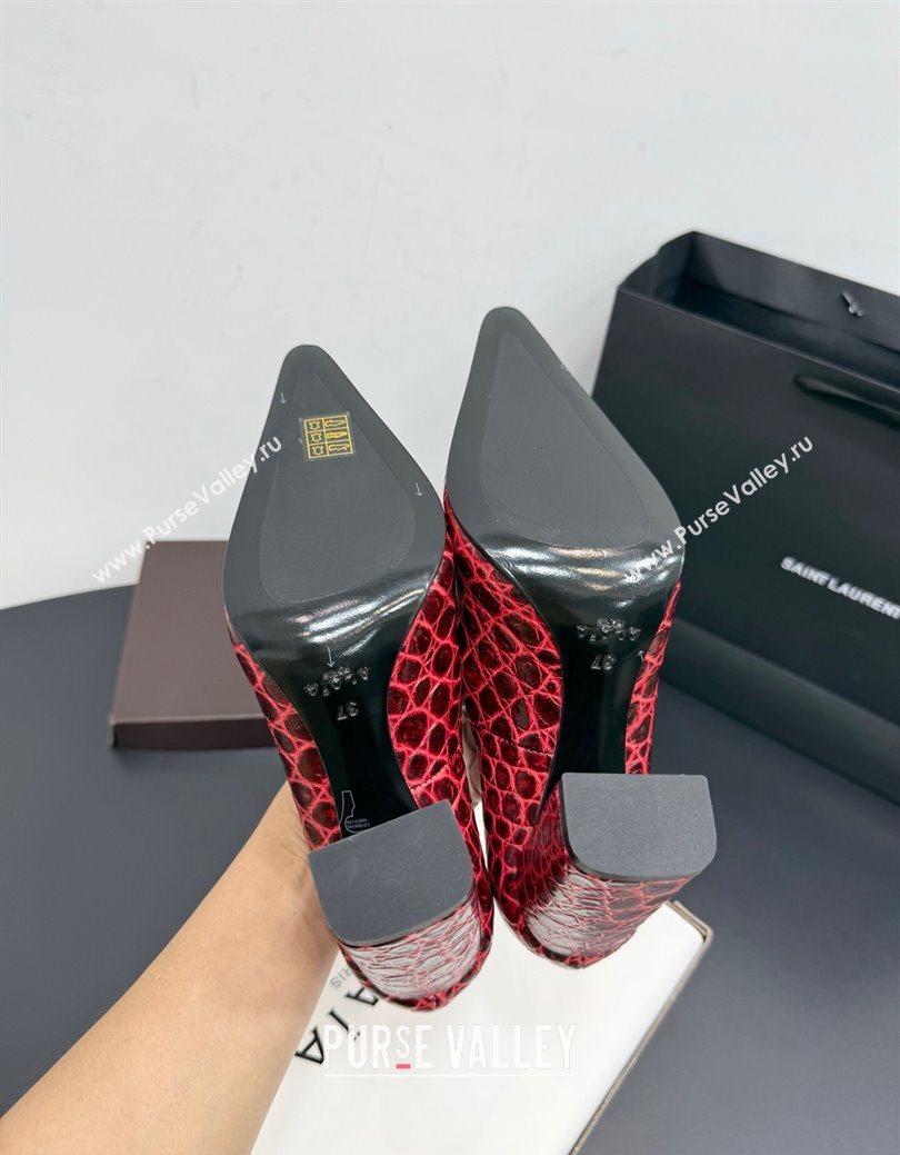 Alaia Pointy Toe Pumps 9cm with Block Heel in Crocodile Embossed Leather Red 2025 (KER-251029106)