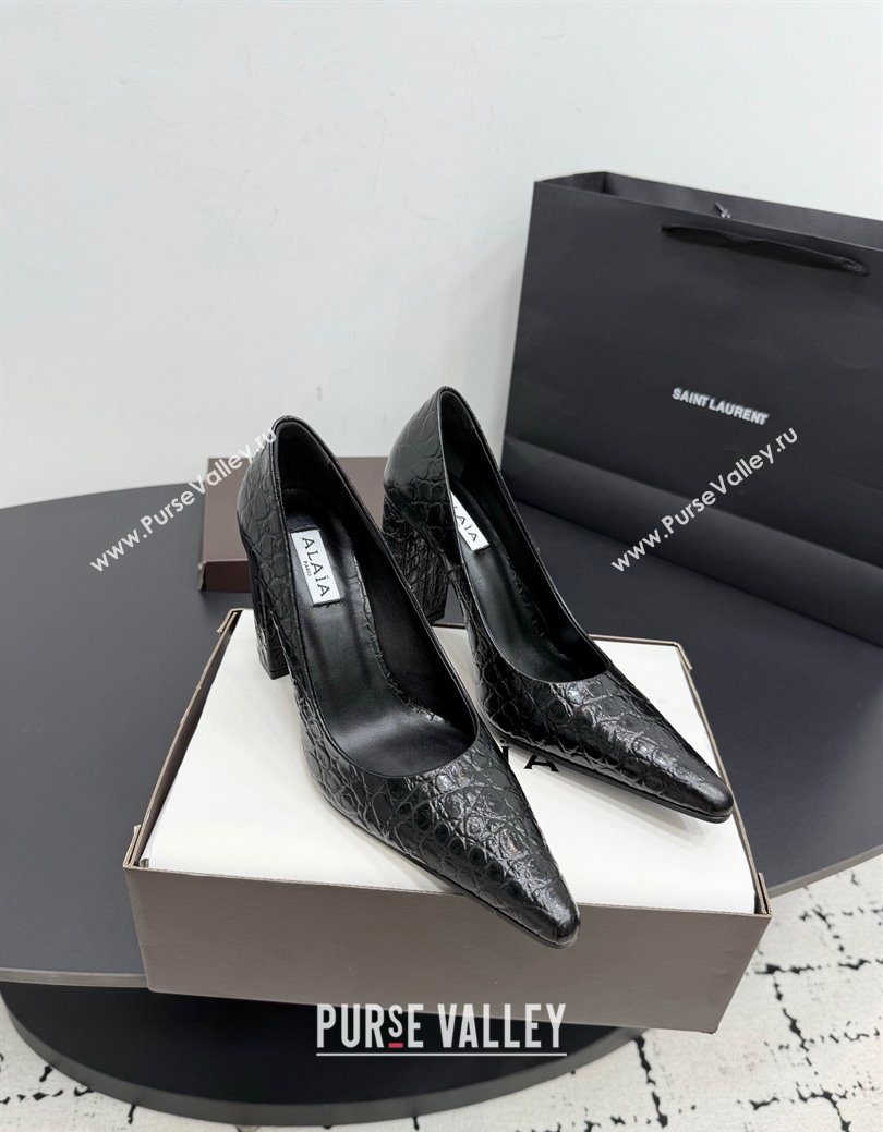 Alaia Pointy Toe Pumps 9cm with Block Heel in Crocodile Embossed Leather Black 2025 (KER-251029104)