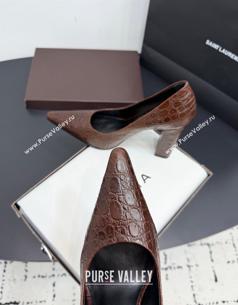 Alaia Pointy Toe Pumps 9cm with Block Heel in Crocodile Embossed Leather Dark Brown 2025 (KER-251029107)