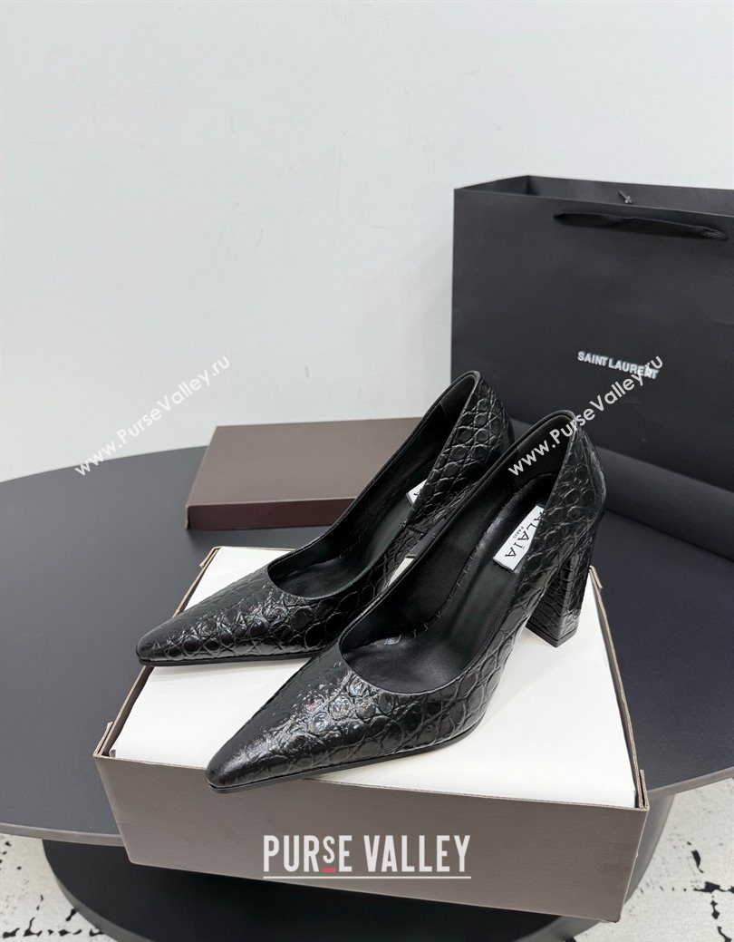 Alaia Pointy Toe Pumps 9cm with Block Heel in Crocodile Embossed Leather Black 2025 (KER-251029104)