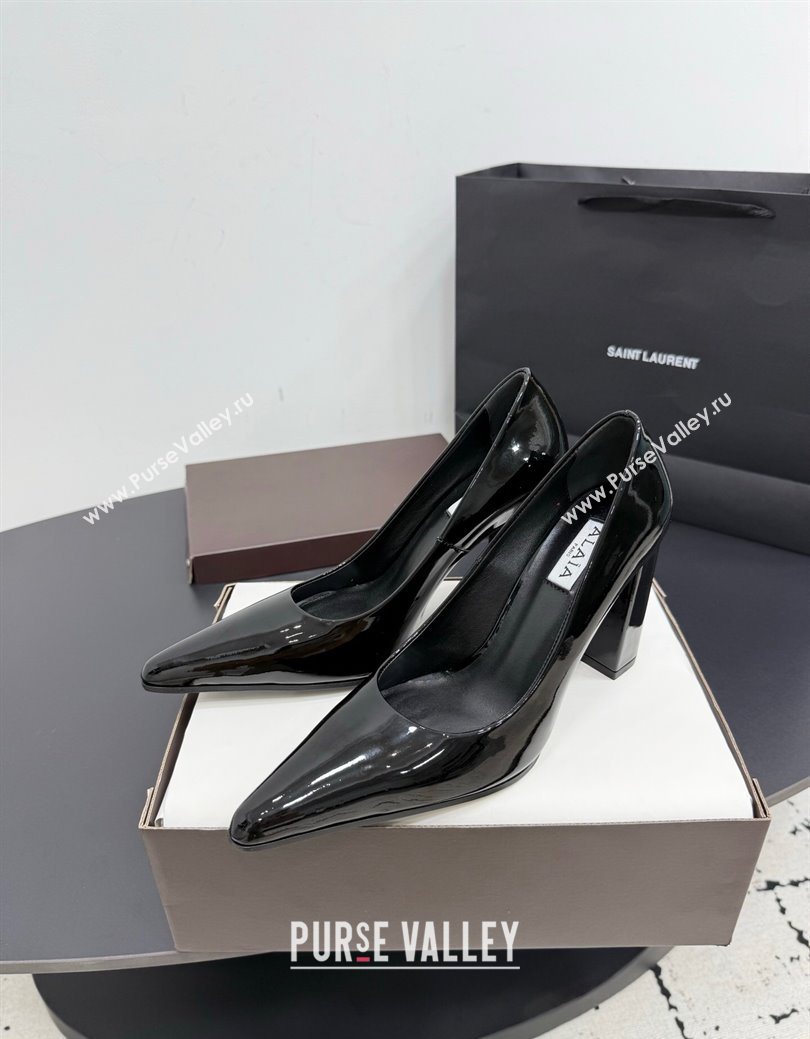 Alaia Pointy Toe Pumps 9cm with Block Heel in Patent Leather Black 2025 (KER-251029108)