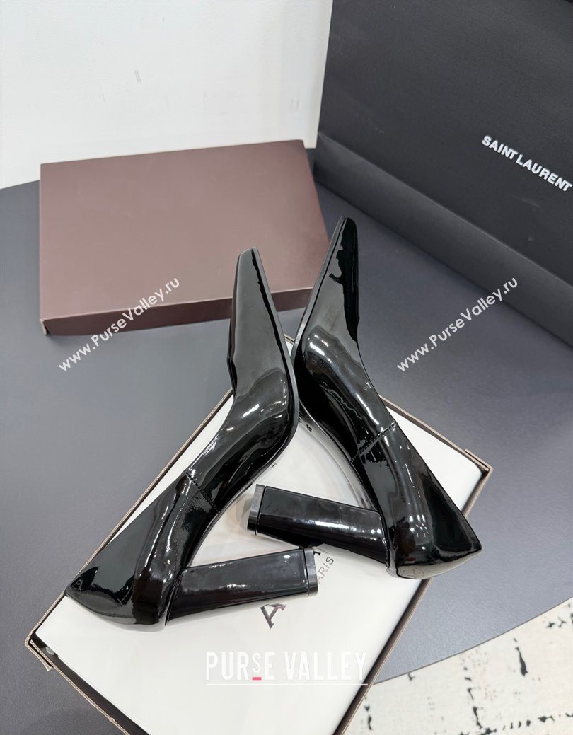 Alaia Pointy Toe Pumps 9cm with Block Heel in Patent Leather Black 2025 (KER-251029108)