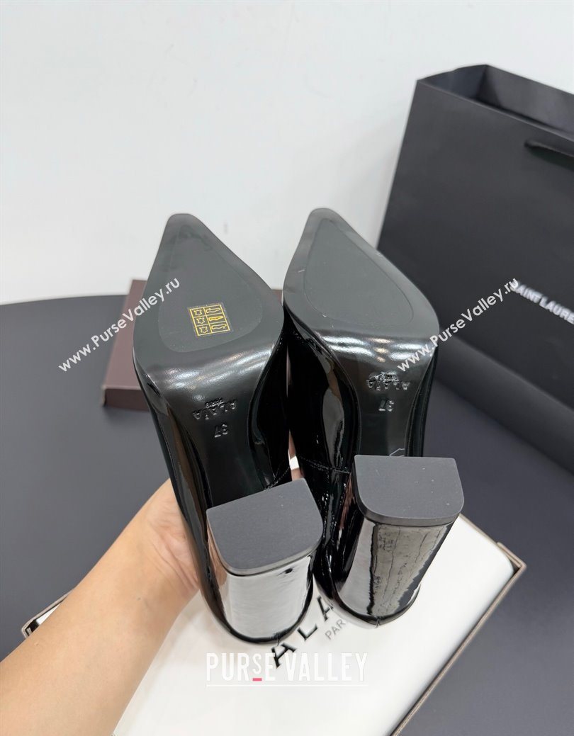 Alaia Pointy Toe Pumps 9cm with Block Heel in Patent Leather Black 2025 (KER-251029108)