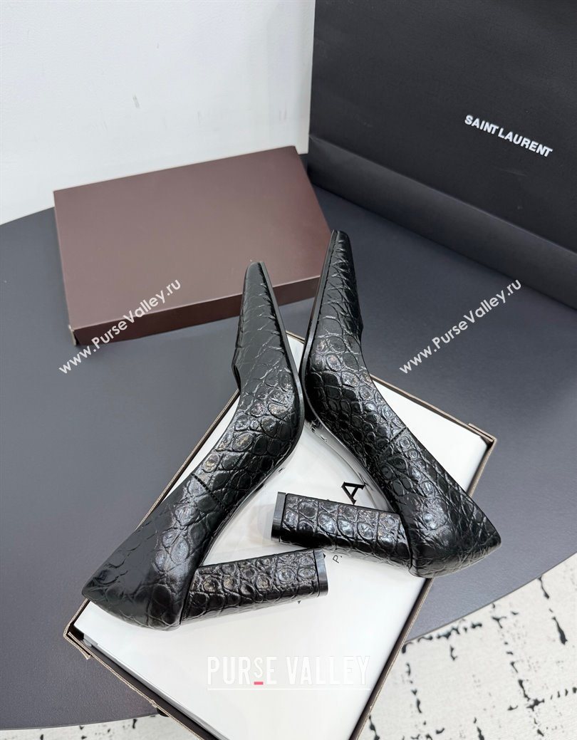 Alaia Pointy Toe Pumps 9cm with Block Heel in Crocodile Embossed Leather Black 2025 (KER-251029104)