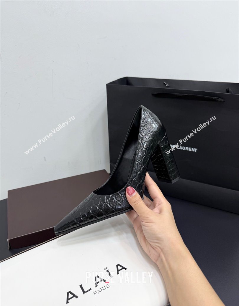 Alaia Pointy Toe Pumps 9cm with Block Heel in Crocodile Embossed Leather Black 2025 (KER-251029104)