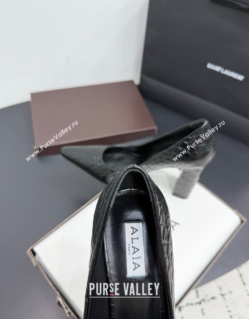 Alaia Pointy Toe Pumps 9cm with Block Heel in Crocodile Embossed Leather Black 2025 (KER-251029104)