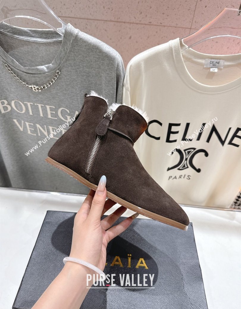 Alaia Suede and Wool Flat Ankle Boots Dark Brown 2025 AL102903 (MD-251029114)