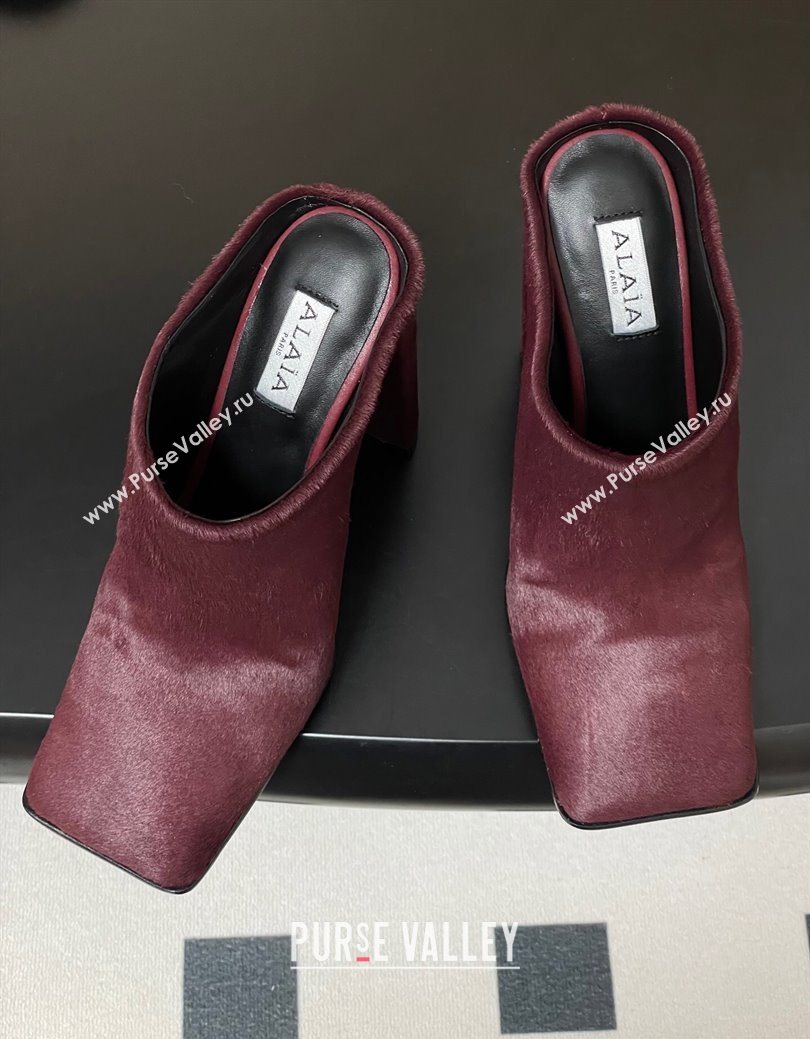 Alaia Square Mules 10cm in Haircalf Burgundy 2025 AL102908 (MD-251029136)