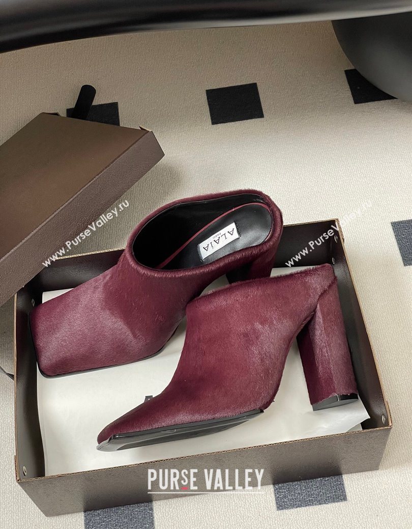 Alaia Square Mules 10cm in Haircalf Burgundy 2025 AL102908 (MD-251029136)
