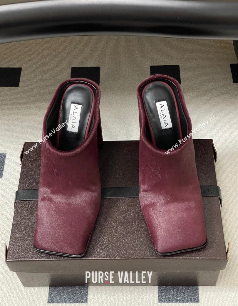 Alaia Square Mules 10cm in Haircalf Burgundy 2025 AL102908 (MD-251029136)