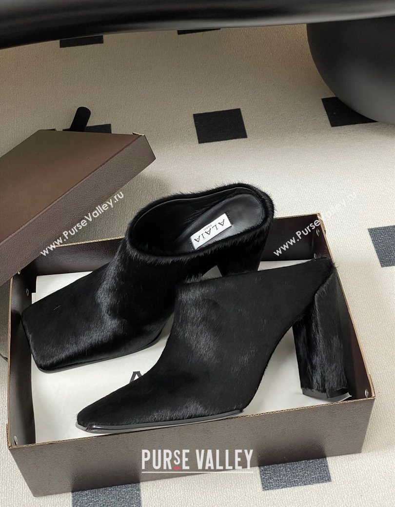 Alaia Square Mules 10cm in Haircalf Black 2025 AL102908 (MD-251029137)