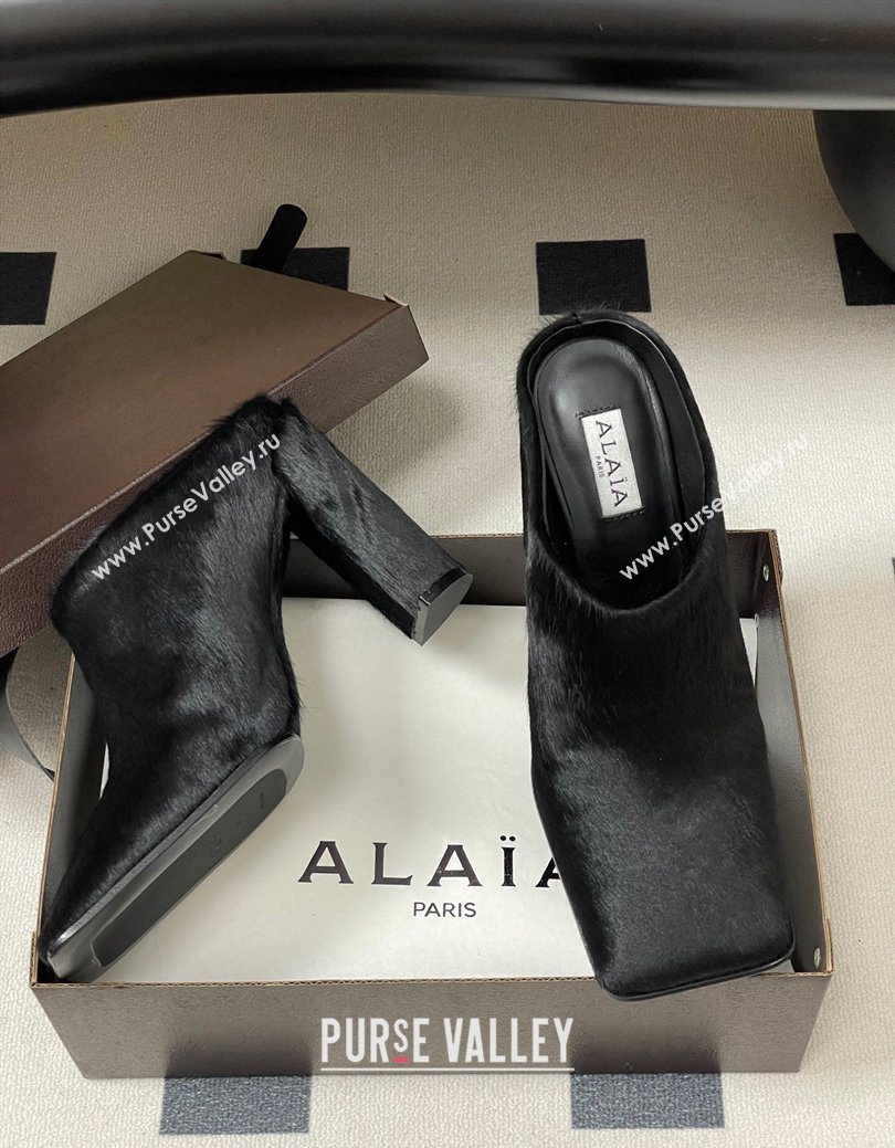Alaia Square Mules 10cm in Haircalf Black 2025 AL102908 (MD-251029137)