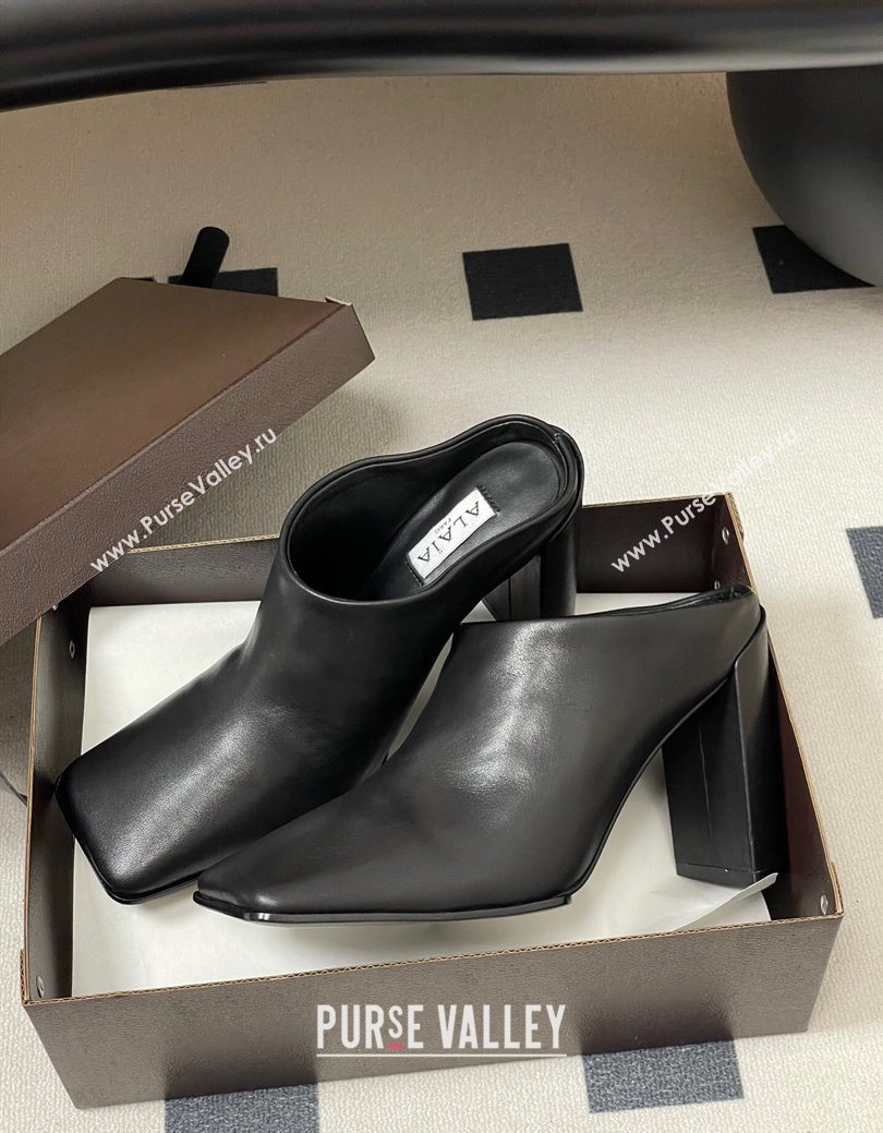 Alaia Square Mules 10cm in Calf Leather Black 2025 AL102908 (MD-251029135)