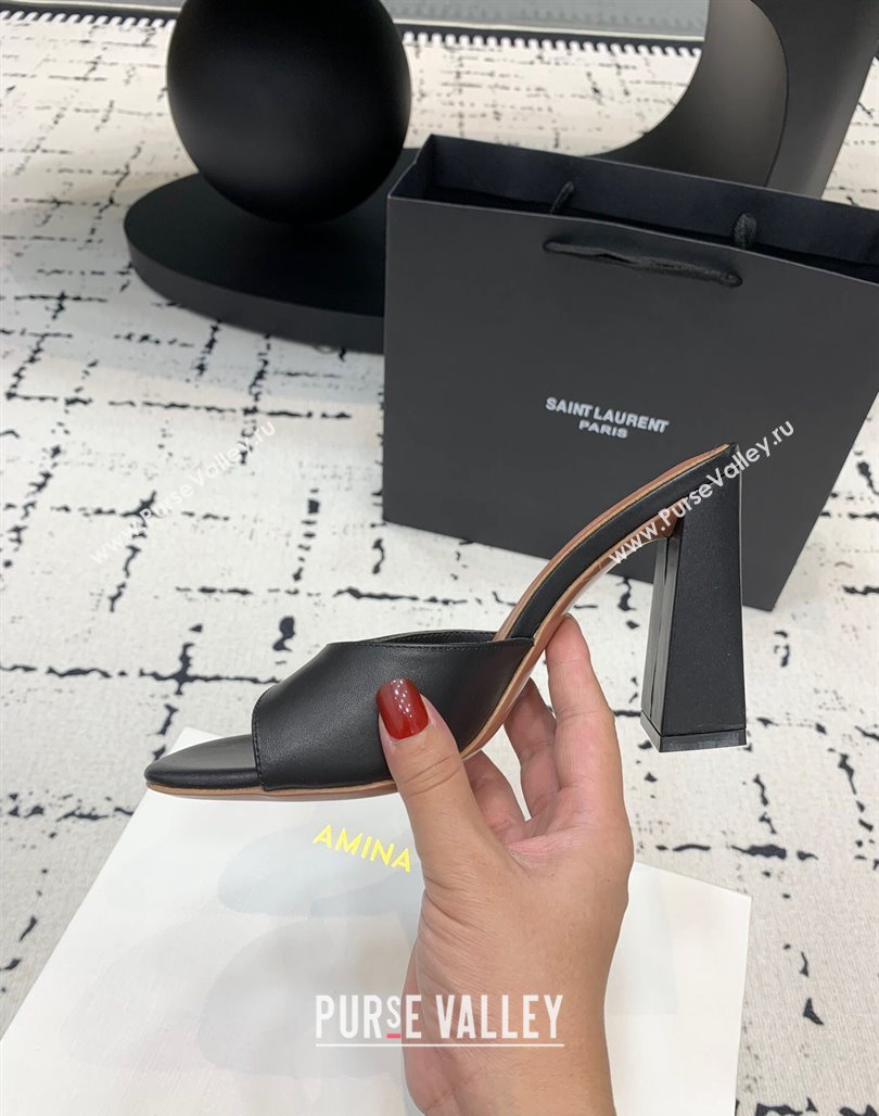 Amina Muaddi Brigitte High Heel Slide Sandals 9.5cm in Nappa Calfskin Black 2024 (KER-240719116)