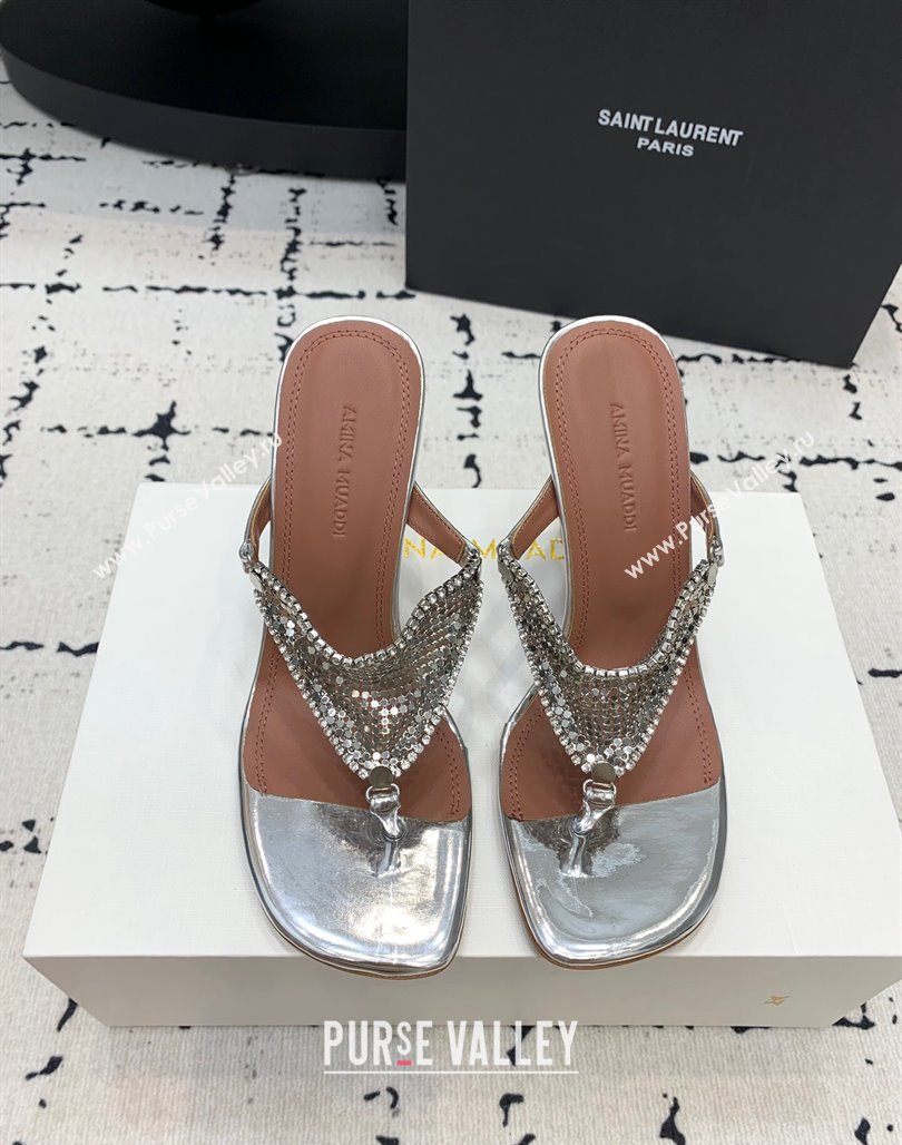 Amina Muaddi High Heel Thong Slide Sandals 9.5cm in Strass and Calfskin Silver 2024 (KER-240719114)