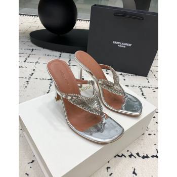 Amina Muaddi High Heel Thong Slide Sandals 9.5cm in Strass and Calfskin Silver 2024 (KER-240719114)