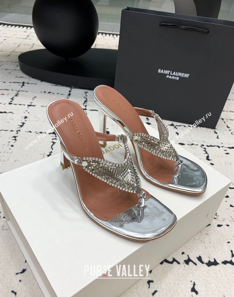 Amina Muaddi High Heel Thong Slide Sandals 9.5cm in Strass and Calfskin Silver 2024 (KER-240719114)