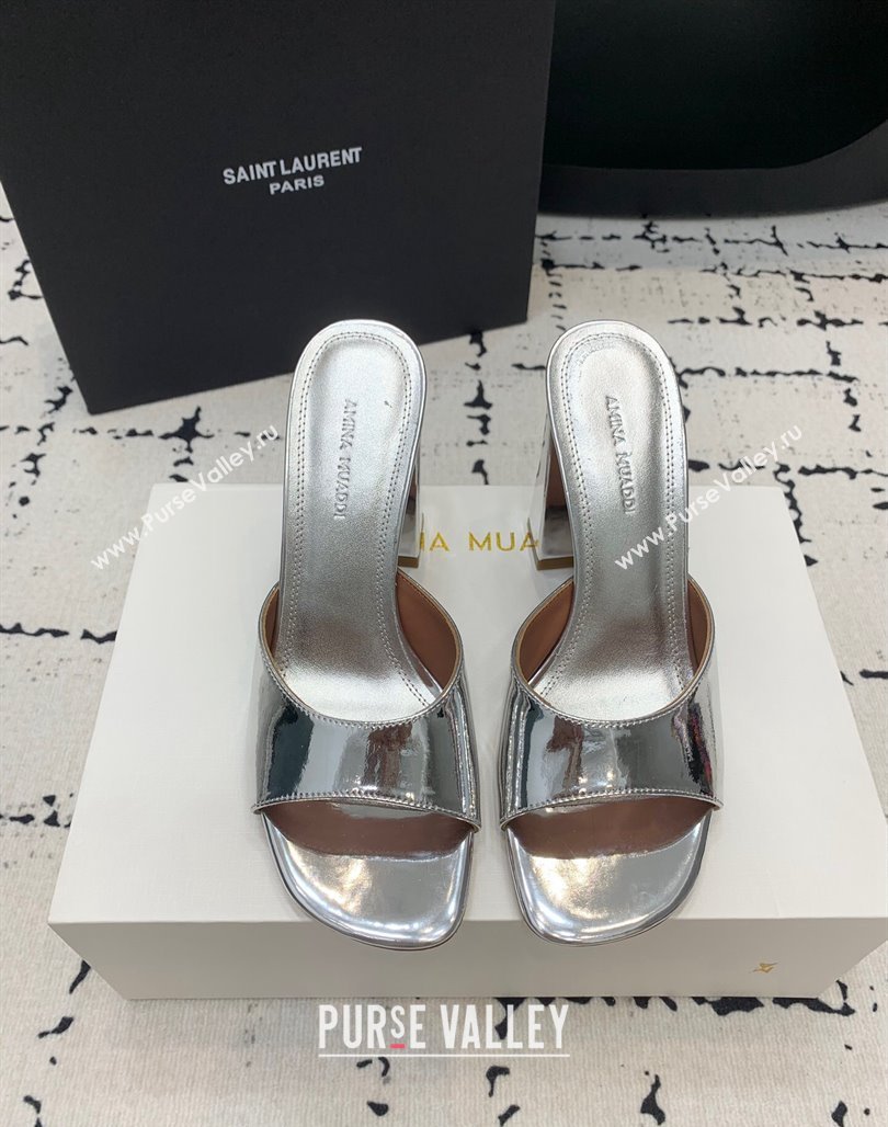Amina Muaddi Brigitte High Heel Slide Sandals 9.5cm in Nappa Calfskin Silver 2024 (KER-240719119)