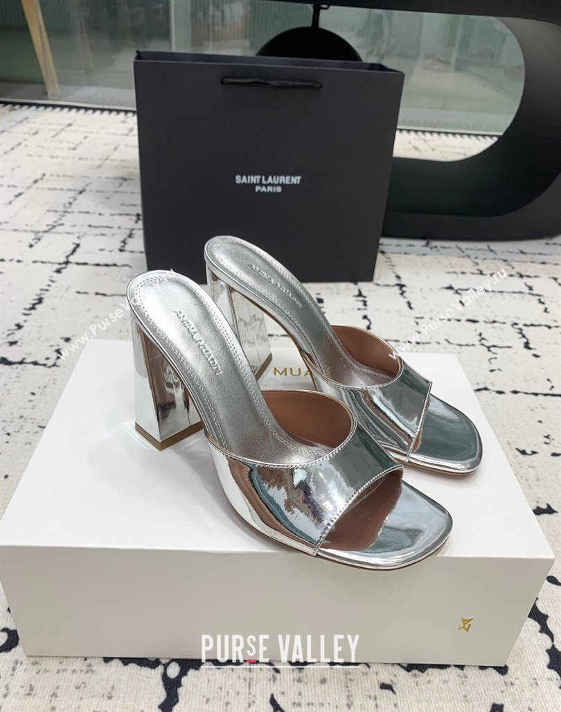 Amina Muaddi Brigitte High Heel Slide Sandals 9.5cm in Nappa Calfskin Silver 2024 (KER-240719119)