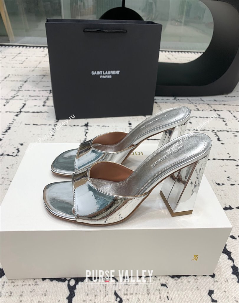 Amina Muaddi Brigitte High Heel Slide Sandals 9.5cm in Nappa Calfskin Silver 2024 (KER-240719119)