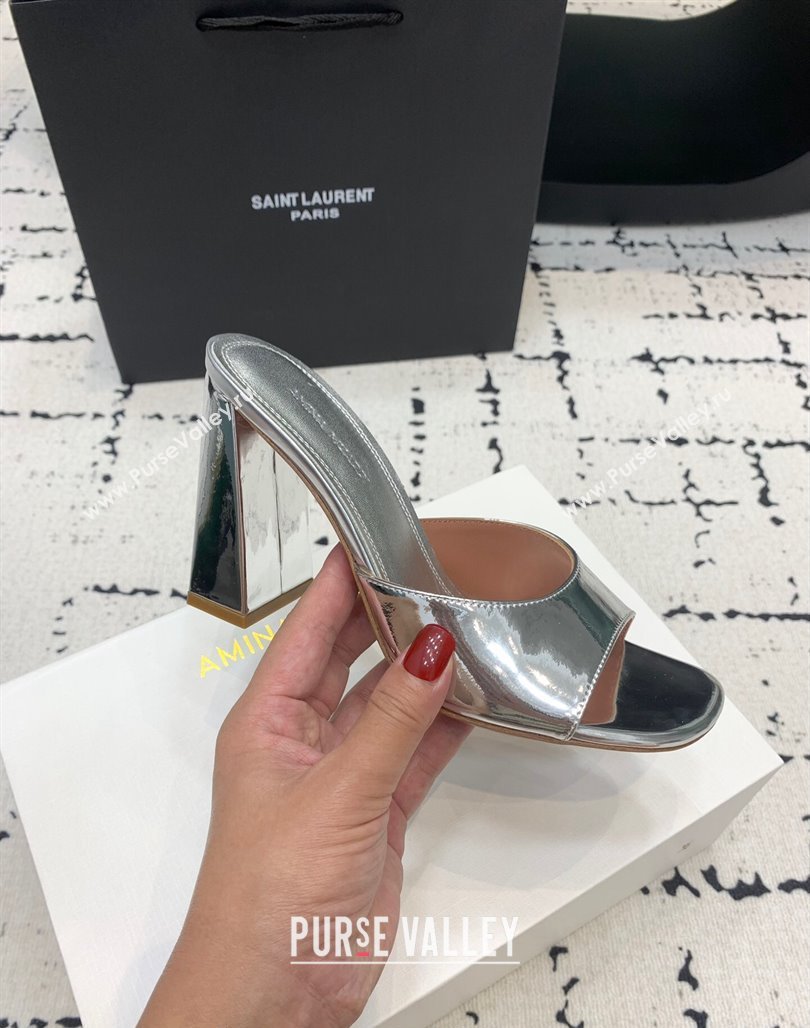 Amina Muaddi Brigitte High Heel Slide Sandals 9.5cm in Nappa Calfskin Silver 2024 (KER-240719119)