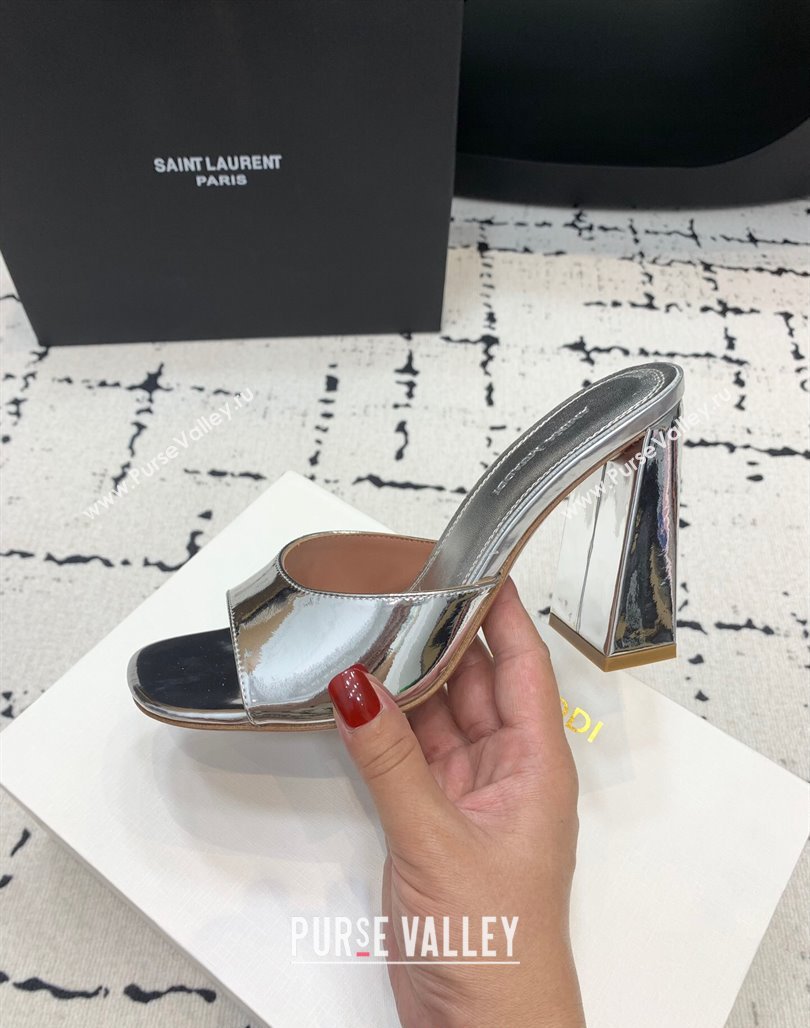 Amina Muaddi Brigitte High Heel Slide Sandals 9.5cm in Nappa Calfskin Silver 2024 (KER-240719119)