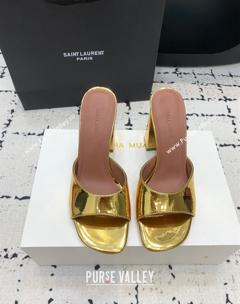 Amina Muaddi Brigitte High Heel Slide Sandals 9.5cm in Nappa Calfskin Gold 2024 (KER-240719120)