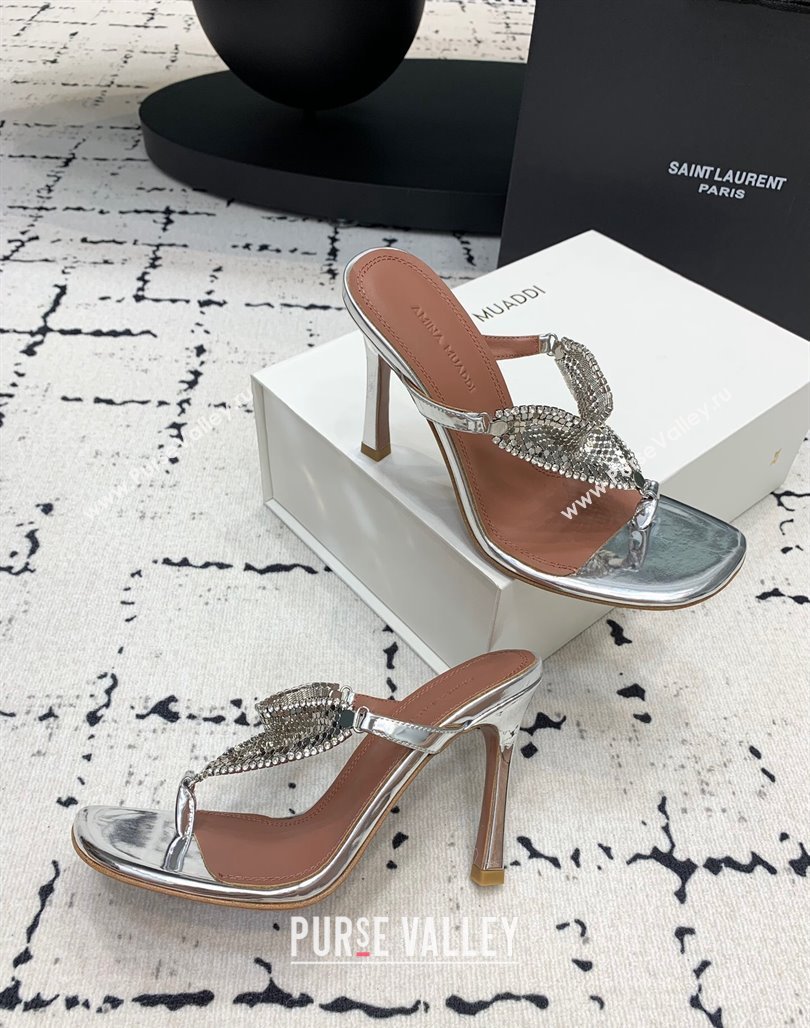 Amina Muaddi High Heel Thong Slide Sandals 9.5cm in Strass and Calfskin Silver 2024 (KER-240719114)