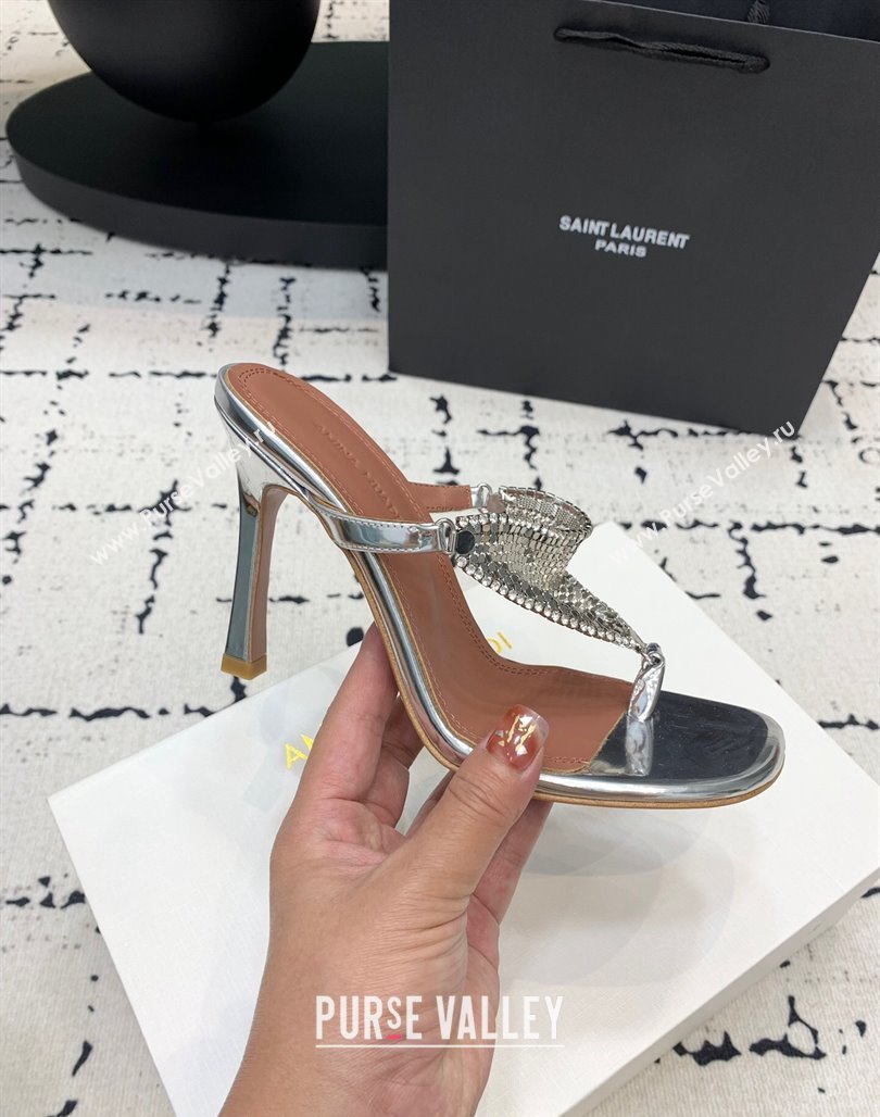 Amina Muaddi High Heel Thong Slide Sandals 9.5cm in Strass and Calfskin Silver 2024 (KER-240719114)